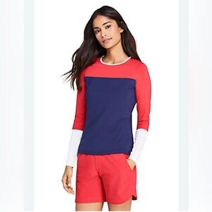 Lands End Long Sleeve Colorblock Swim Rash Guard Women Size L Red White Blue